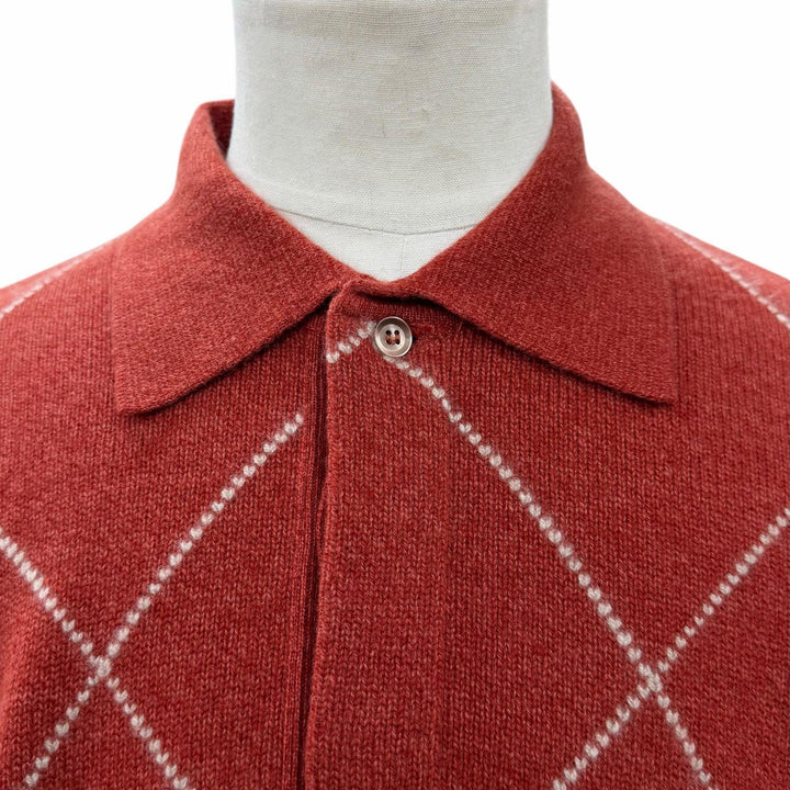 Excellent Loro Piana sweater Argyle Pattern Polo Knit Red cashmere mens 46