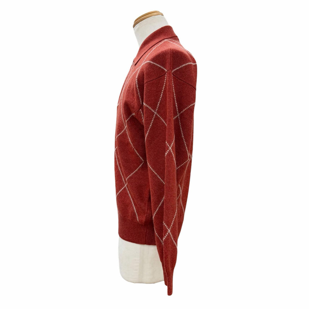 Excellent Loro Piana sweater Argyle Pattern Polo Knit Red cashmere mens 46