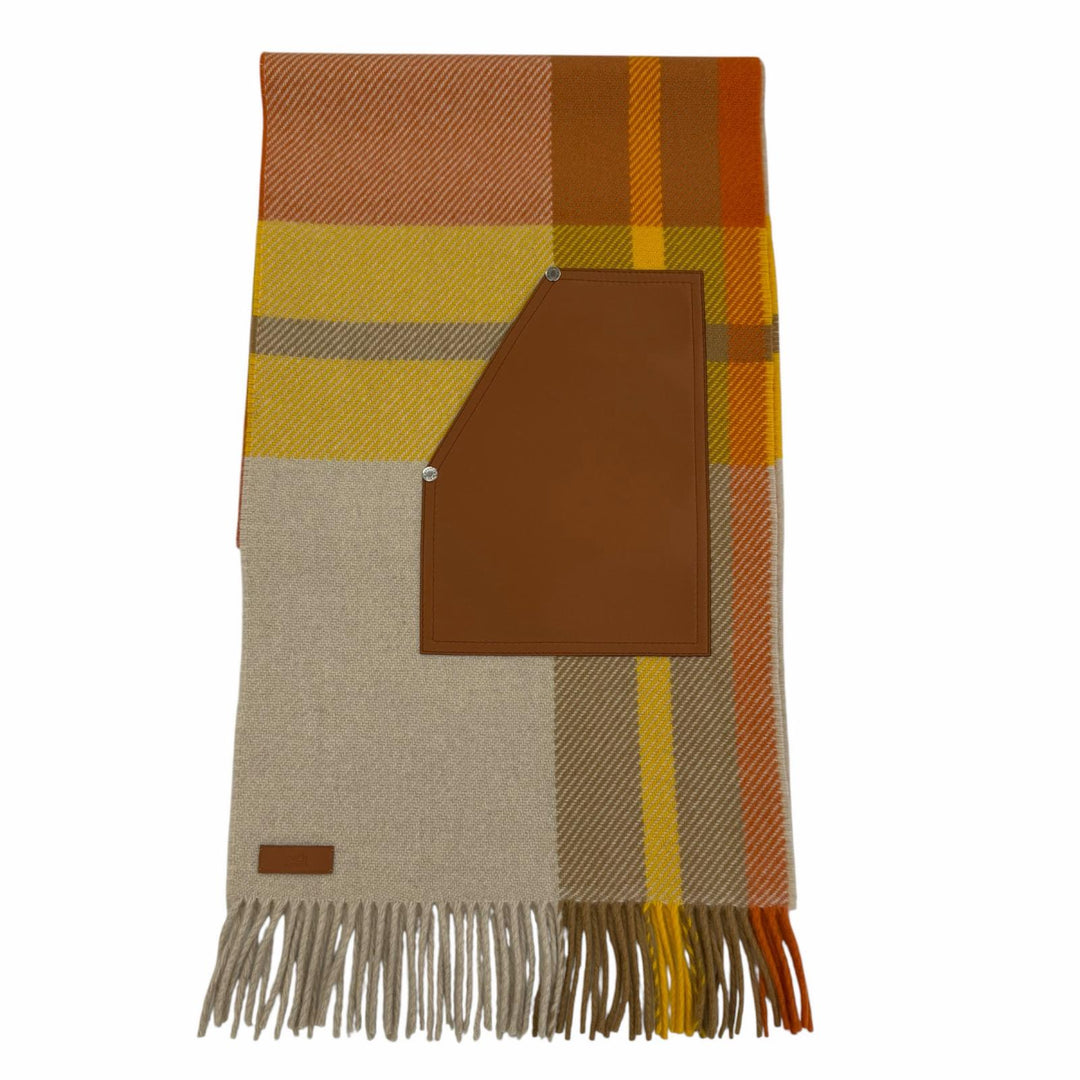 Excellent HERMES Scarf Tartan pocket cuir appliqué Leather pocket fringe large
