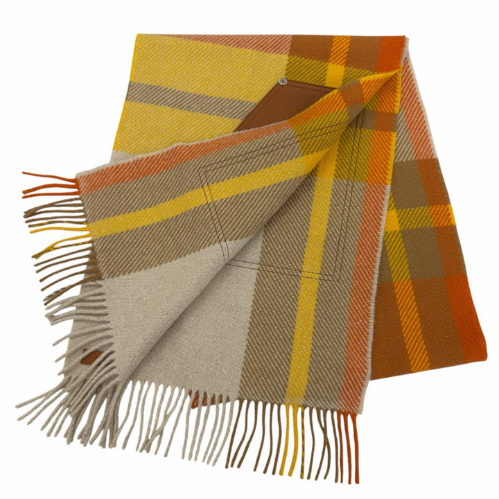 Excellent HERMES Scarf Tartan pocket cuir appliqué Leather pocket fringe large