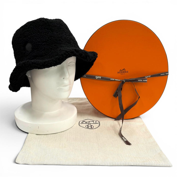 Excellent HERMES hat Fauve Crude Cell Patch Merino Mouton Bucket black 57