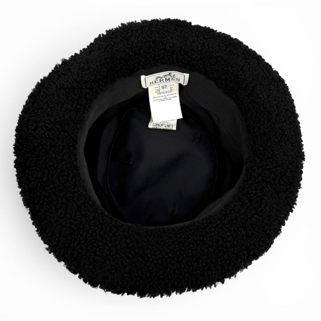 Excellent HERMES hat Fauve Crude Cell Patch Merino Mouton Bucket black 57