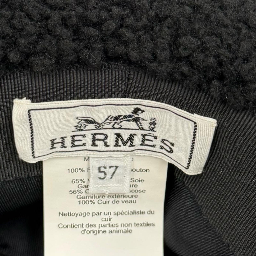 Excellent HERMES hat Fauve Crude Cell Patch Merino Mouton Bucket black 57