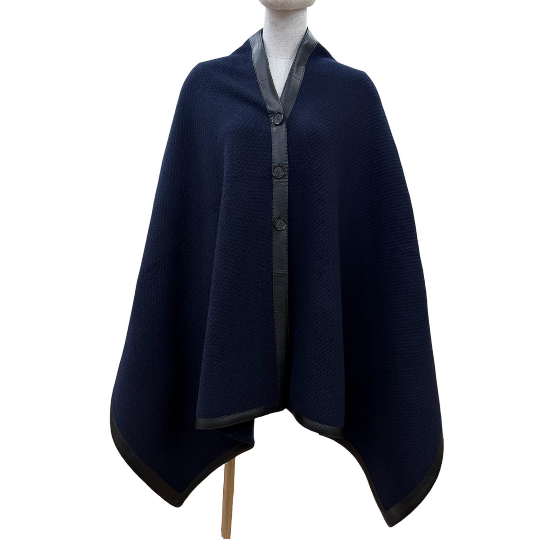 Excellent HERMES shawl H-logo button, leather trim, large poncho Navy wool Women