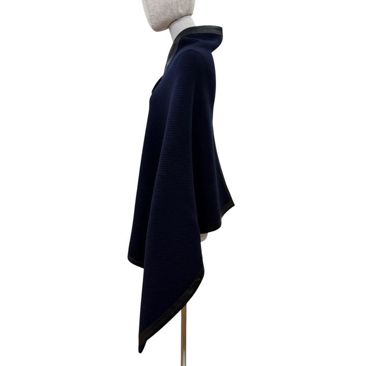 Excellent HERMES shawl H-logo button, leather trim, large poncho Navy wool Women