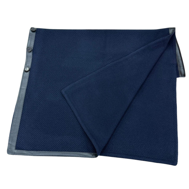 Excellent HERMES shawl H-logo button, leather trim, large poncho Navy wool Women