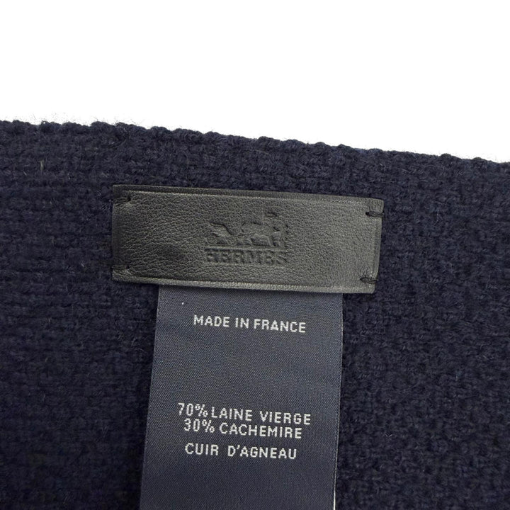 Excellent HERMES shawl H-logo button, leather trim, large poncho Navy wool Women