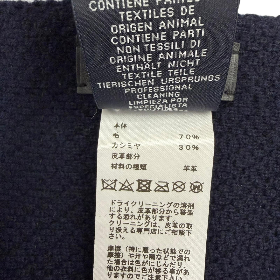Excellent HERMES shawl H-logo button, leather trim, large poncho Navy wool Women