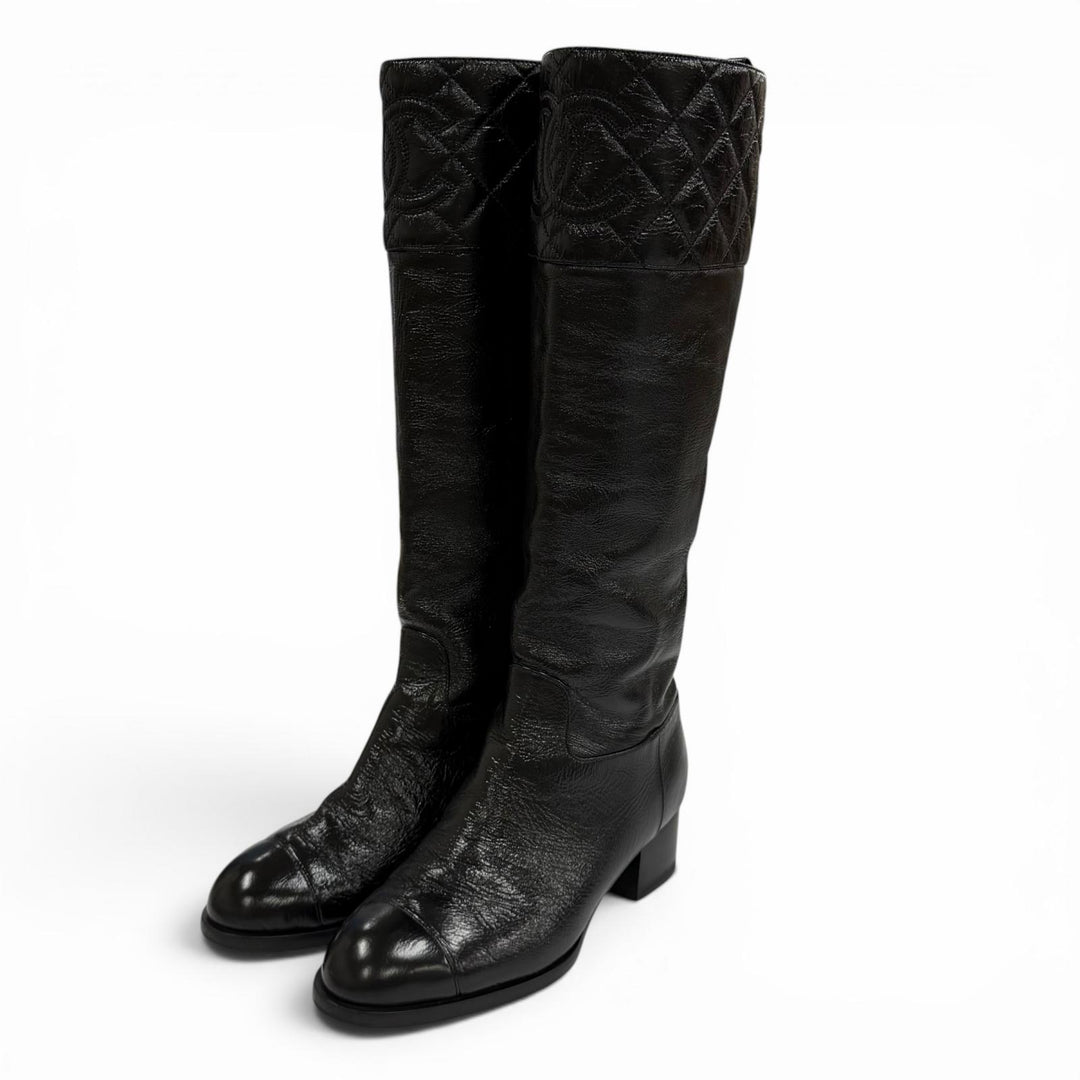 Great CHANEL Knee-high boots COCO Mark Matelassé Chunky Heel Leather 36.5 G45201