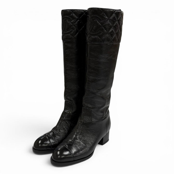 Great CHANEL Knee-high boots COCO Mark Matelassé Chunky Heel Leather 36.5 G45201