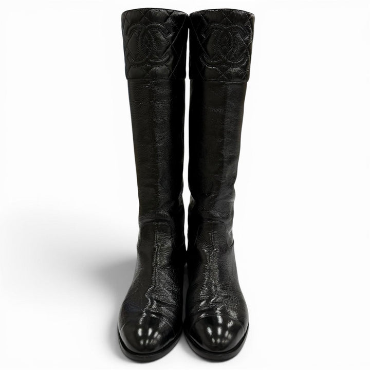 Great CHANEL Knee-high boots COCO Mark Matelassé Chunky Heel Leather 36.5 G45201