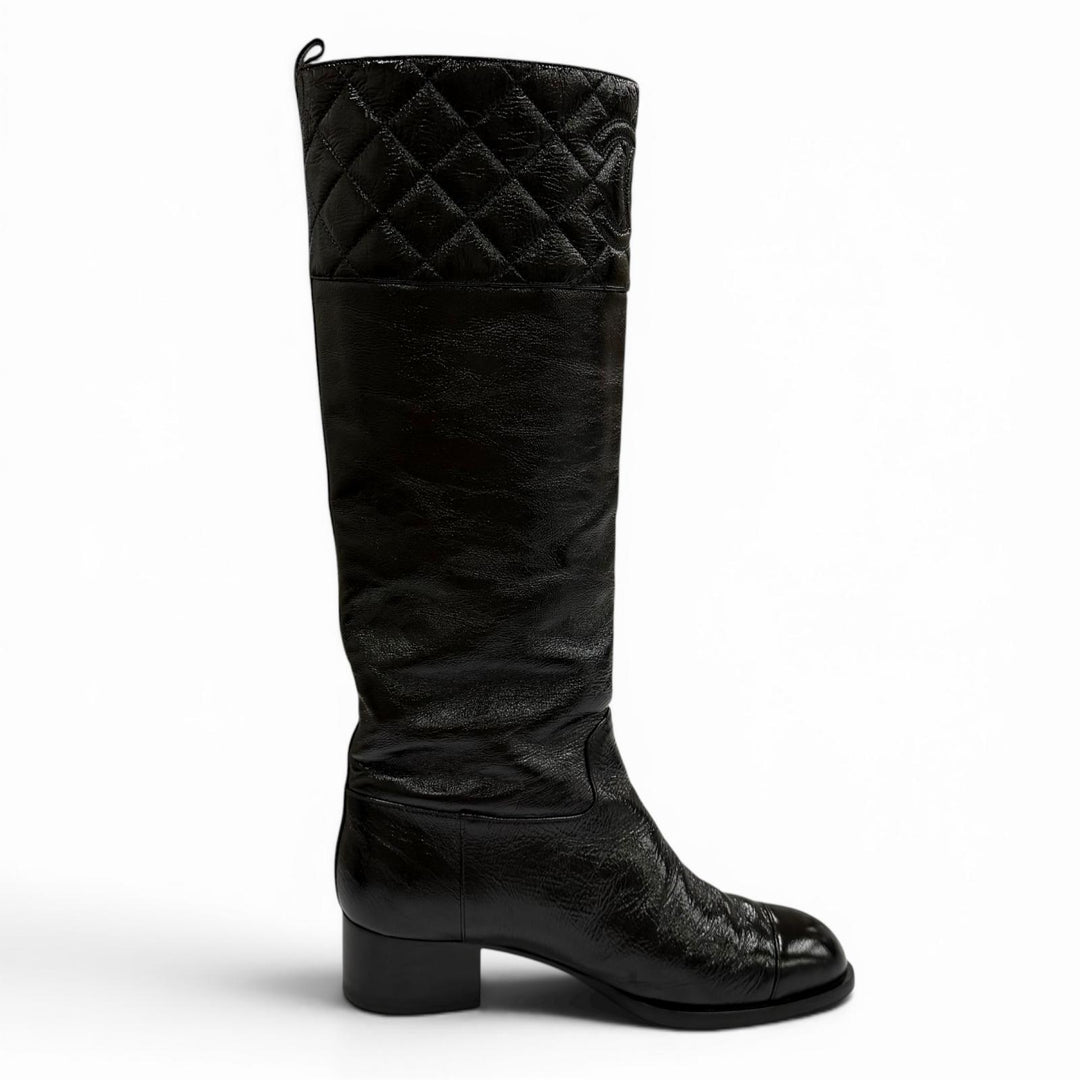 Great CHANEL Knee-high boots COCO Mark Matelassé Chunky Heel Leather 36.5 G45201