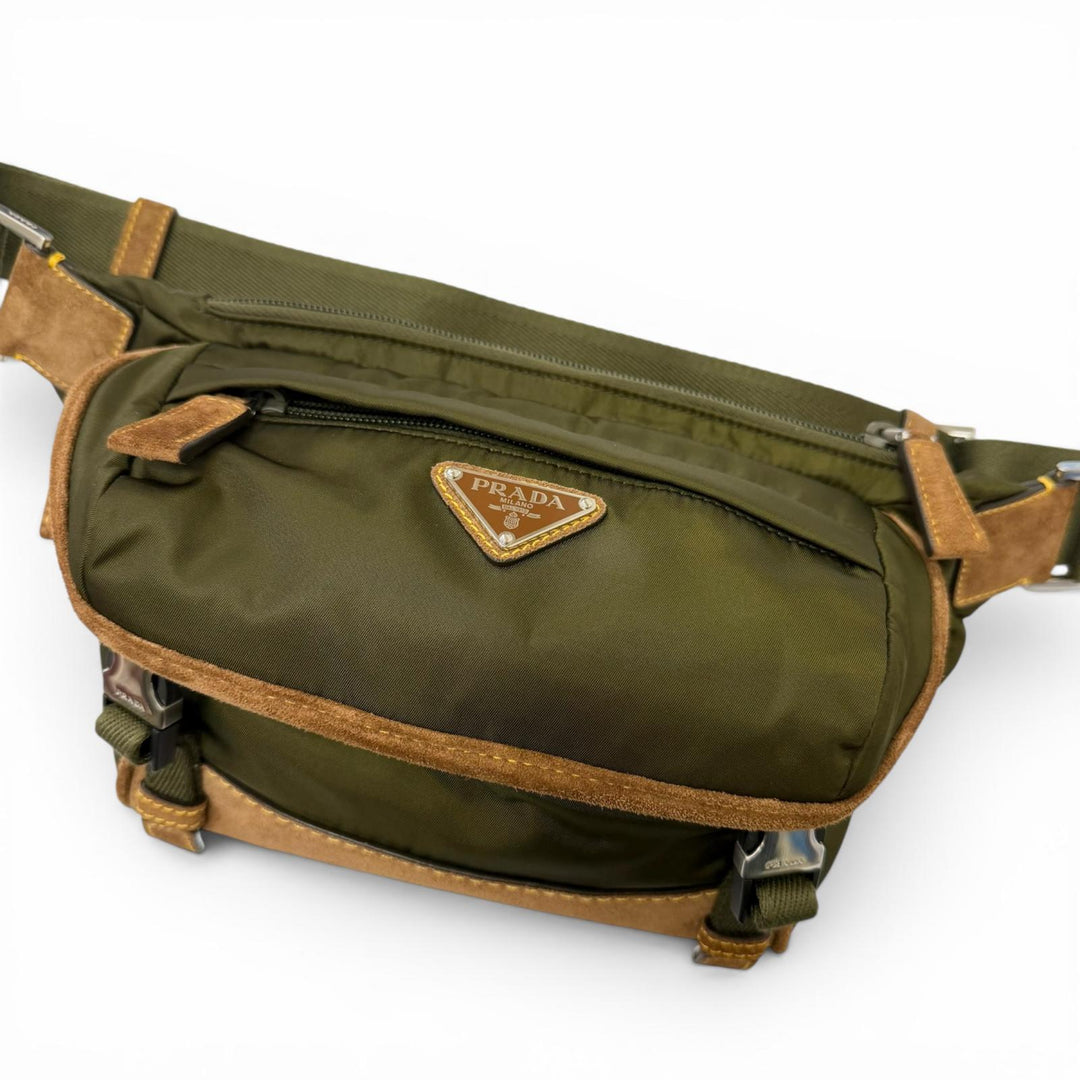 Excellent PRADA Sling bag Triangle logo Re-Nylon khaki recycled polyamide