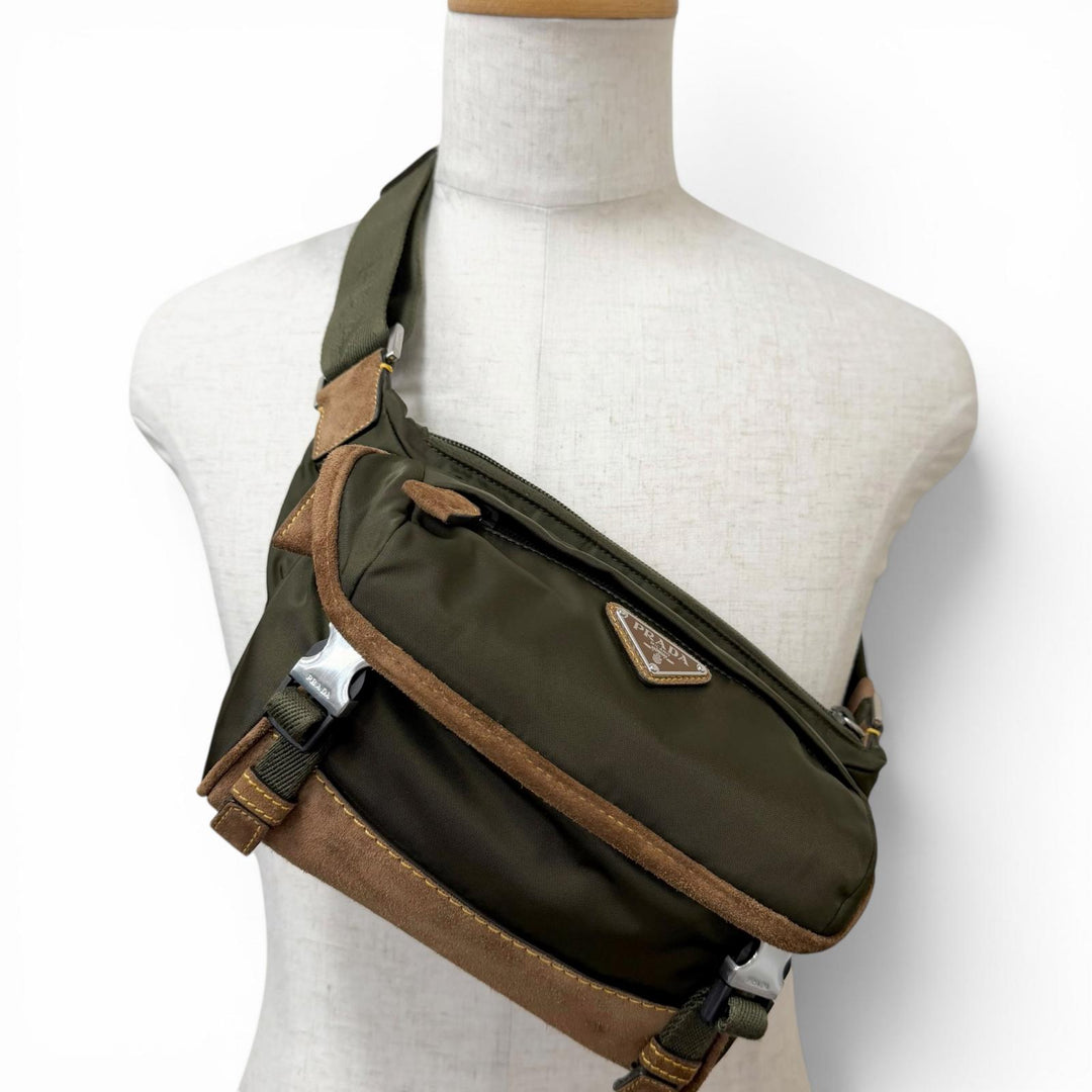 Excellent PRADA Sling bag Triangle logo Re-Nylon khaki recycled polyamide