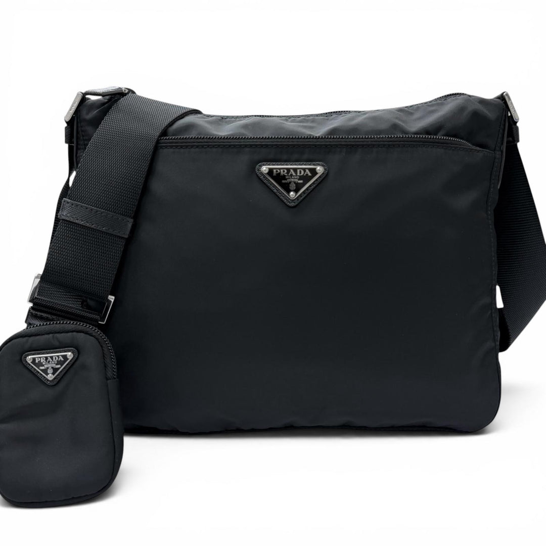Great PRADA Shoulder Bag Re-Nylon Triangle Logo Pouch Included black Nylon