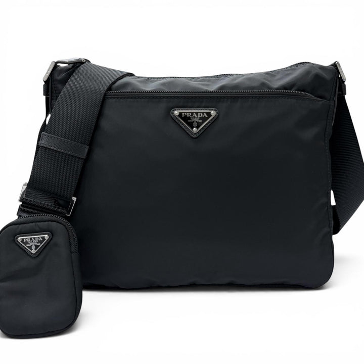 Great PRADA Shoulder Bag Re-Nylon Triangle Logo Pouch Included black Nylon
