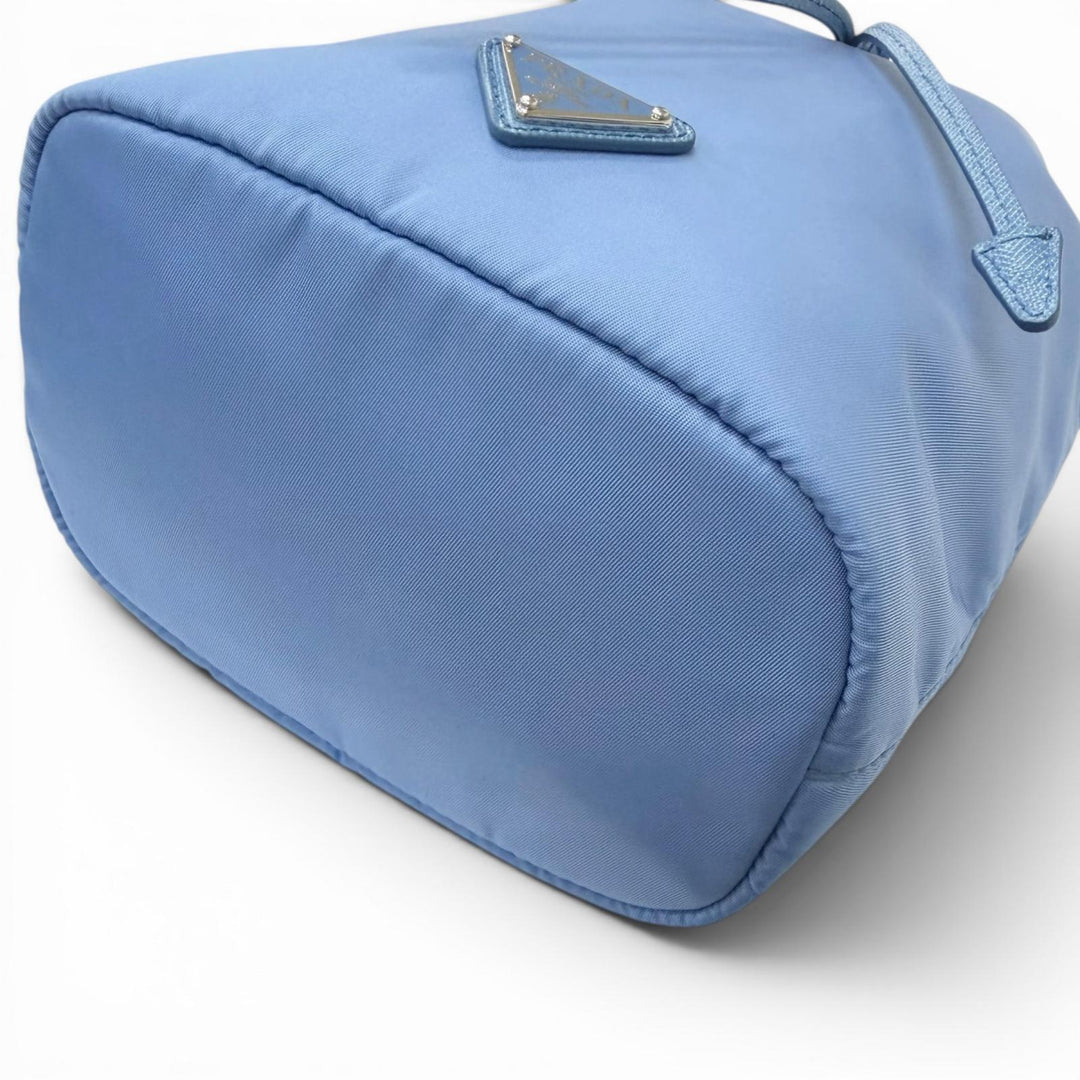 Excellent PRADA Handbag Triangle Logo Re-Nylon Drawstring Bag Light blue