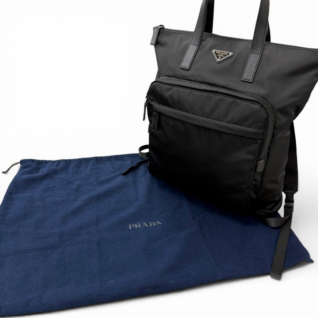 Excellent PRADA Tote Bag Re-Nylon 2-Way Backpack black recycled polyamide