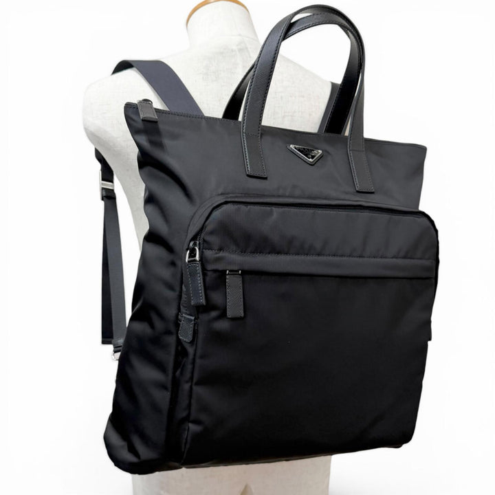 Excellent PRADA Tote Bag Re-Nylon 2-Way Backpack black recycled polyamide