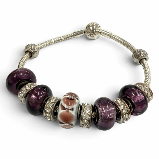 Excellent PANDORA Bangle Bracelet with 10 Rhinestone Bracelet Charms Silver 925