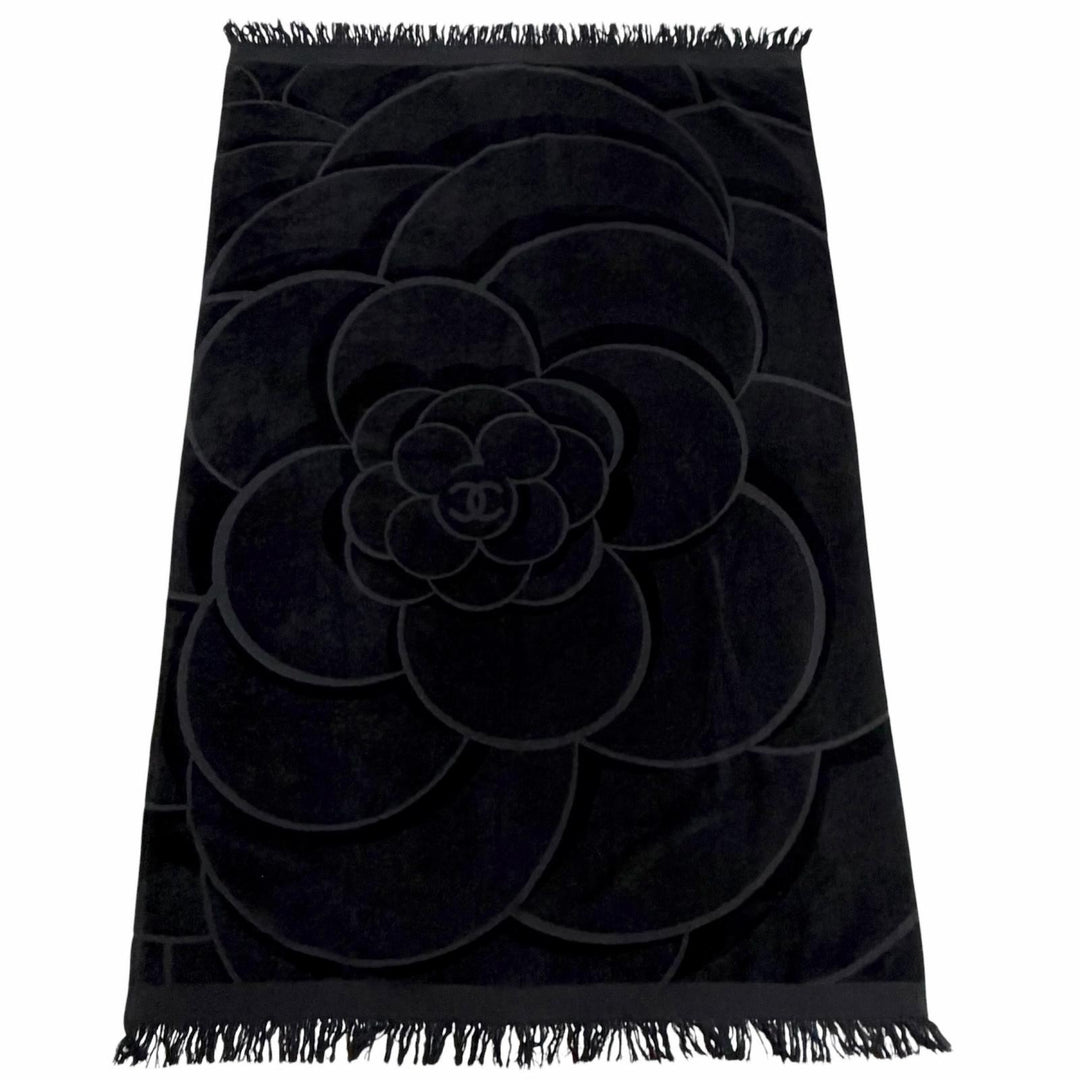 Great CHANEL towel COCO Mark Big Camellia Fringe Large Blanket black cotton