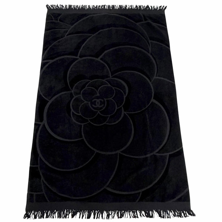 Great CHANEL towel COCO Mark Big Camellia Fringe Large Blanket black cotton
