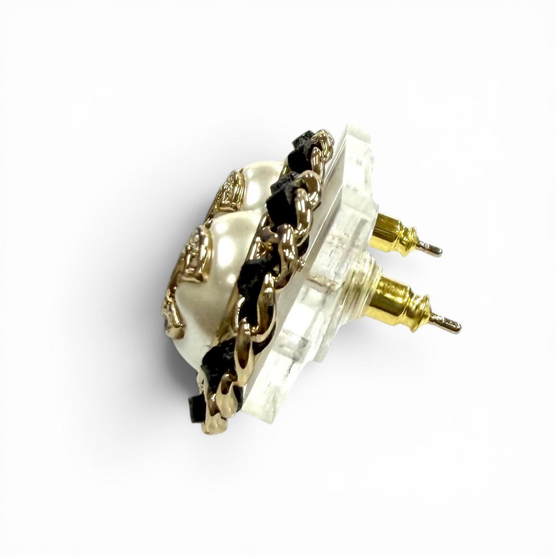 Excellent CHANEL Pierce COCO Mark Crystal Leather Trim Pearl white Women B25