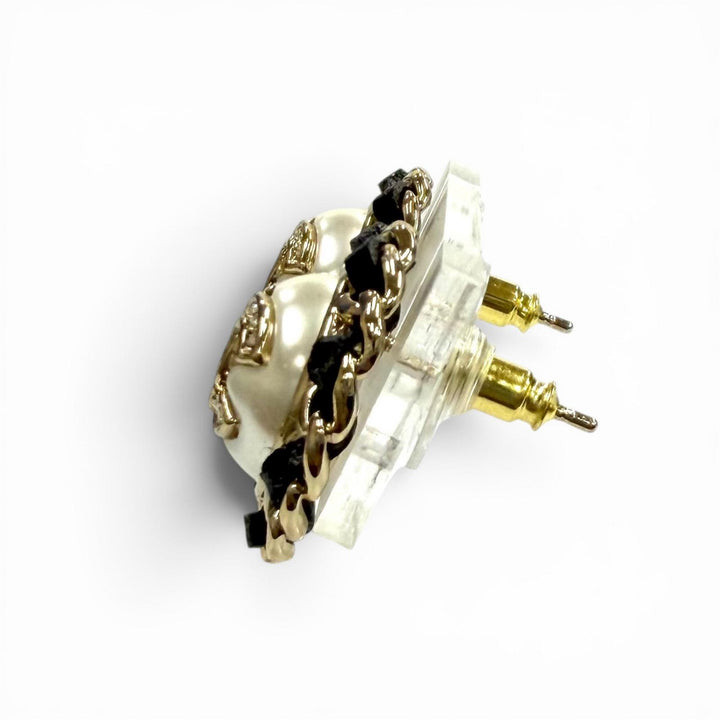 Excellent CHANEL Pierce COCO Mark Crystal Leather Trim Pearl white Women B25