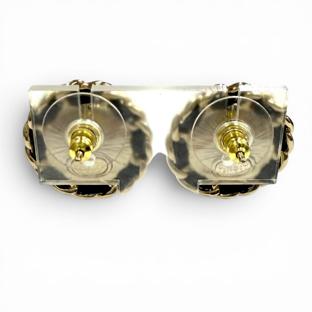 Excellent CHANEL Pierce COCO Mark Crystal Leather Trim Pearl white Women B25