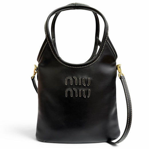 Pristine MIUMIU Shoulder Bag IVY Logo 2WAY handbag black leather Women 5BA281
