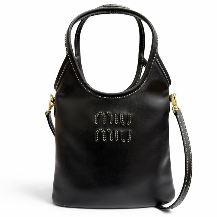 Pristine MIUMIU Shoulder Bag IVY Logo 2WAY handbag black leather Women 5BA281
