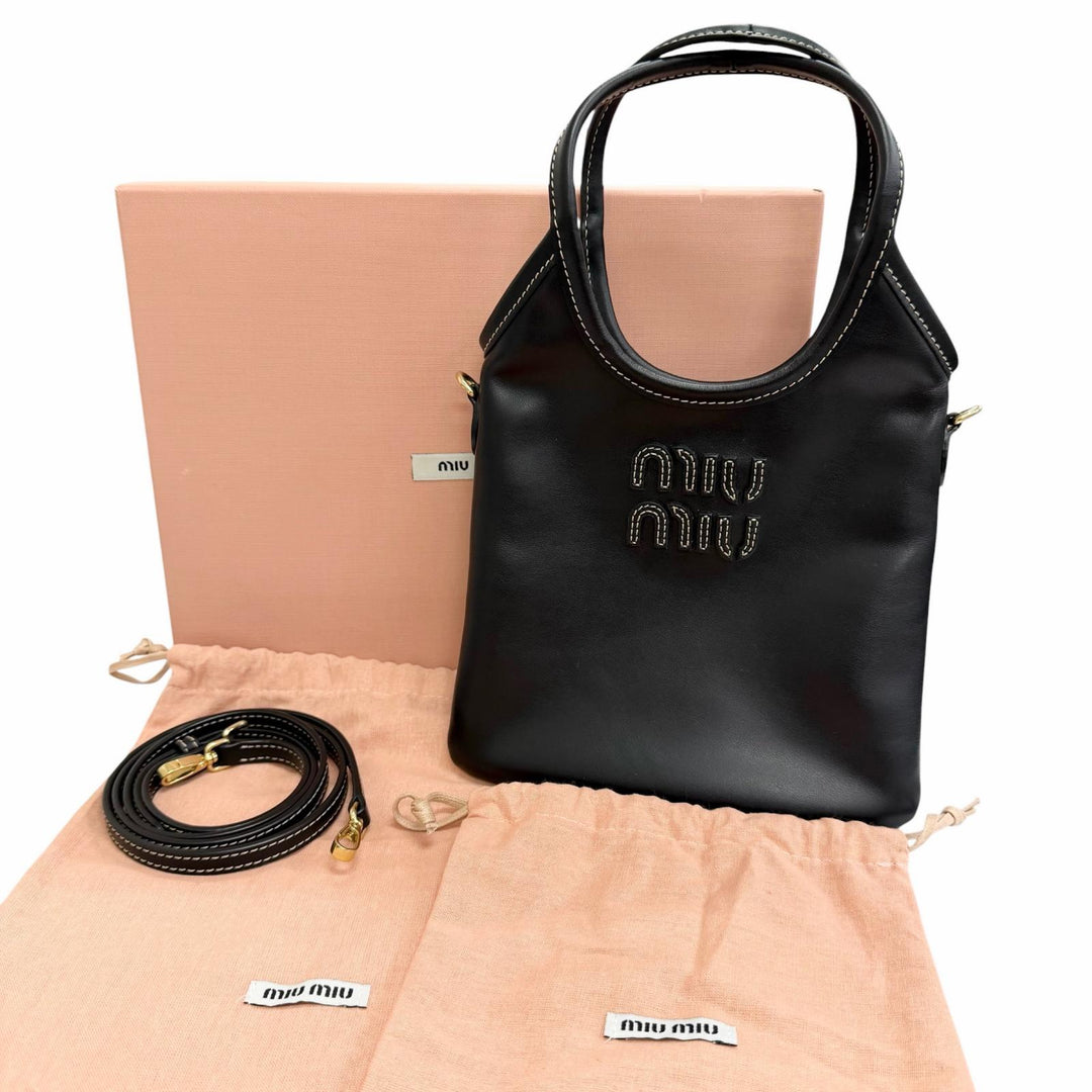 Pristine MIUMIU Shoulder Bag IVY Logo 2WAY handbag black leather Women 5BA281