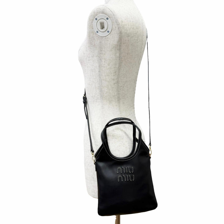 Pristine MIUMIU Shoulder Bag IVY Logo 2WAY handbag black leather Women 5BA281