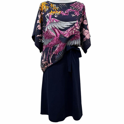 Excellent HERMES one piece Floral print layered design knit Navy system silk 34