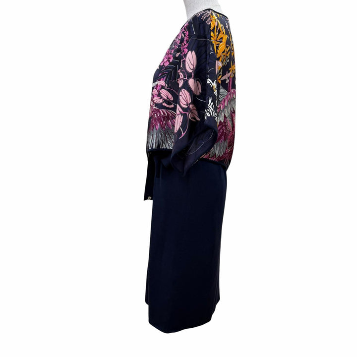 Excellent HERMES one piece Floral print layered design knit Navy system silk 34