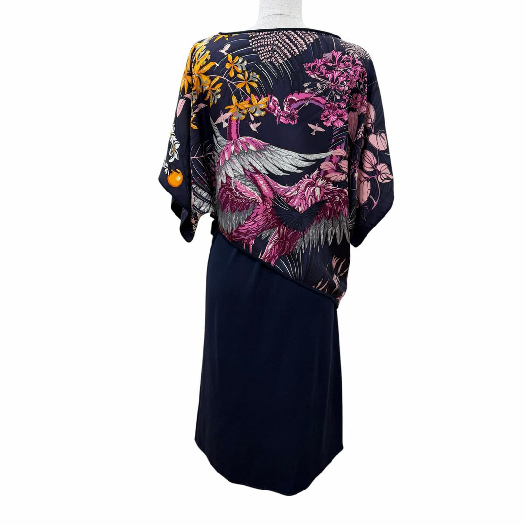 Excellent HERMES one piece Floral print layered design knit Navy system silk 34
