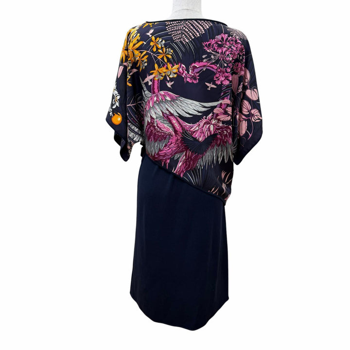 Excellent HERMES one piece Floral print layered design knit Navy system silk 34