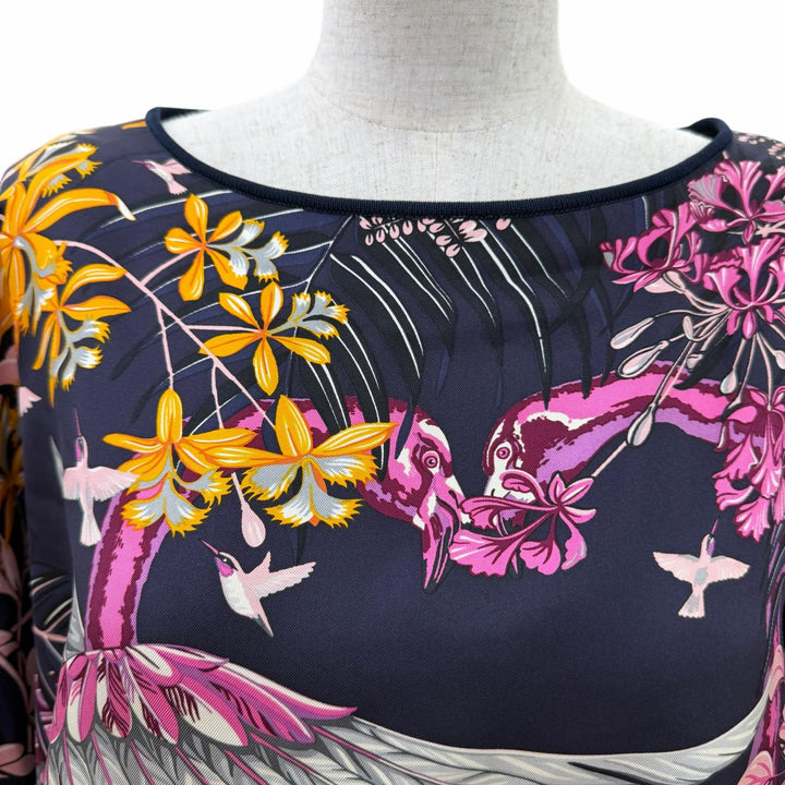 Excellent HERMES one piece Floral print layered design knit Navy system silk 34