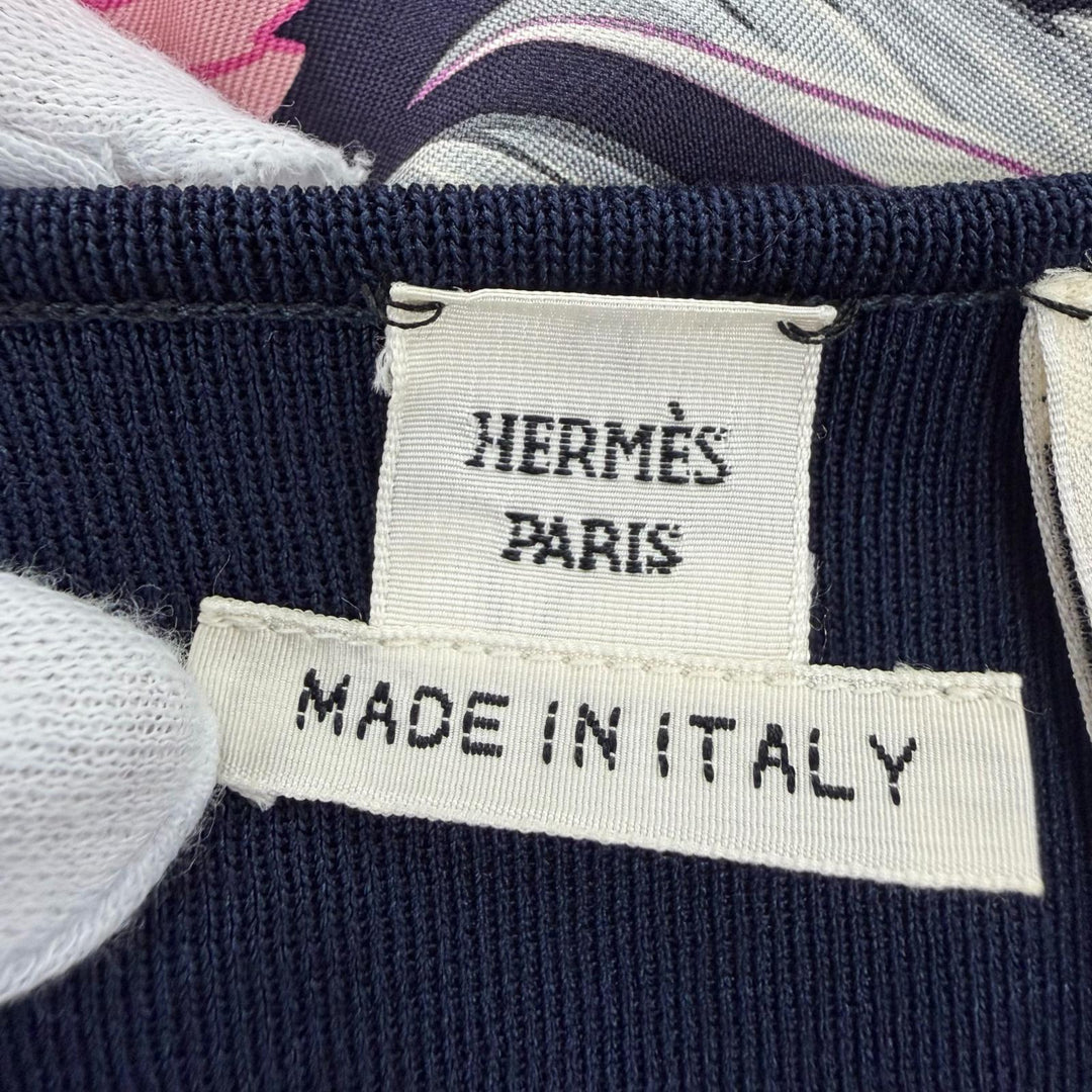 Excellent HERMES one piece Floral print layered design knit Navy system silk 34