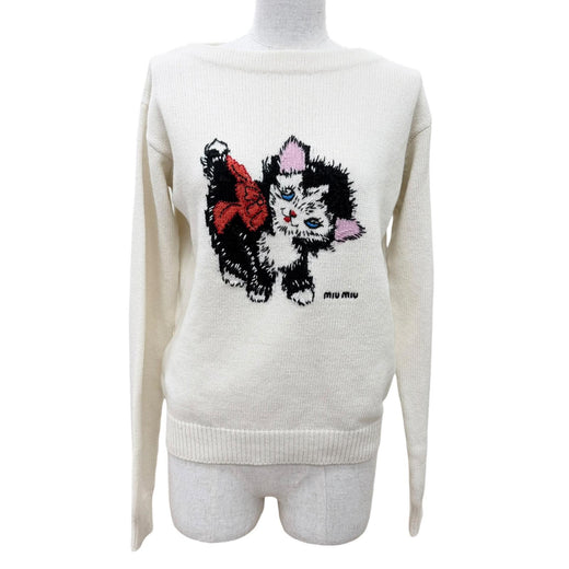 Excellent MIUMIU knit Cat logo embroidered intarsia long-sleeved shirt 38 MML443