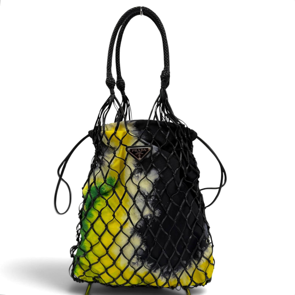 Great PRADA Handbag Triangle Logo Leather Mesh Tote Bag black