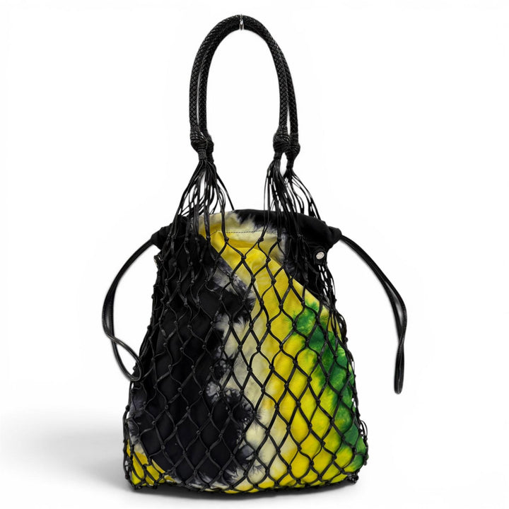 Great PRADA Handbag Triangle Logo Leather Mesh Tote Bag black leather 1BC072