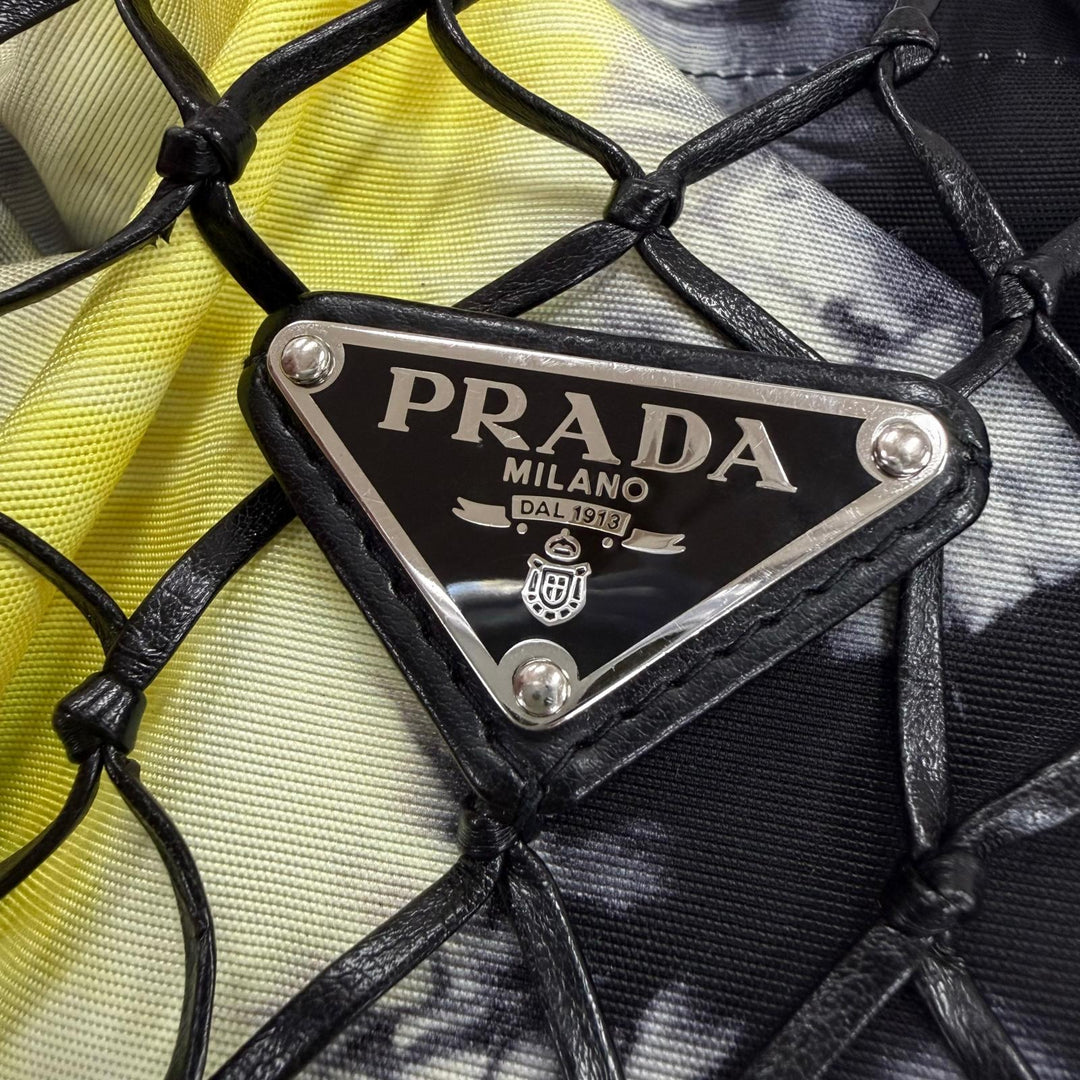 Great PRADA Handbag Triangle Logo Leather Mesh Tote Bag black leather 1BC072