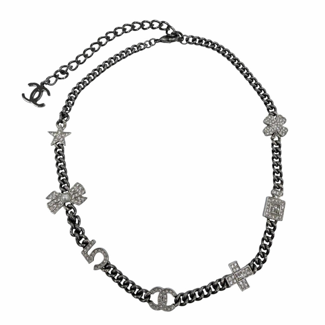 Great CHANEL Necklace COCO Mark 7 Icon Motif Rhinestone Cancer metallic A22P
