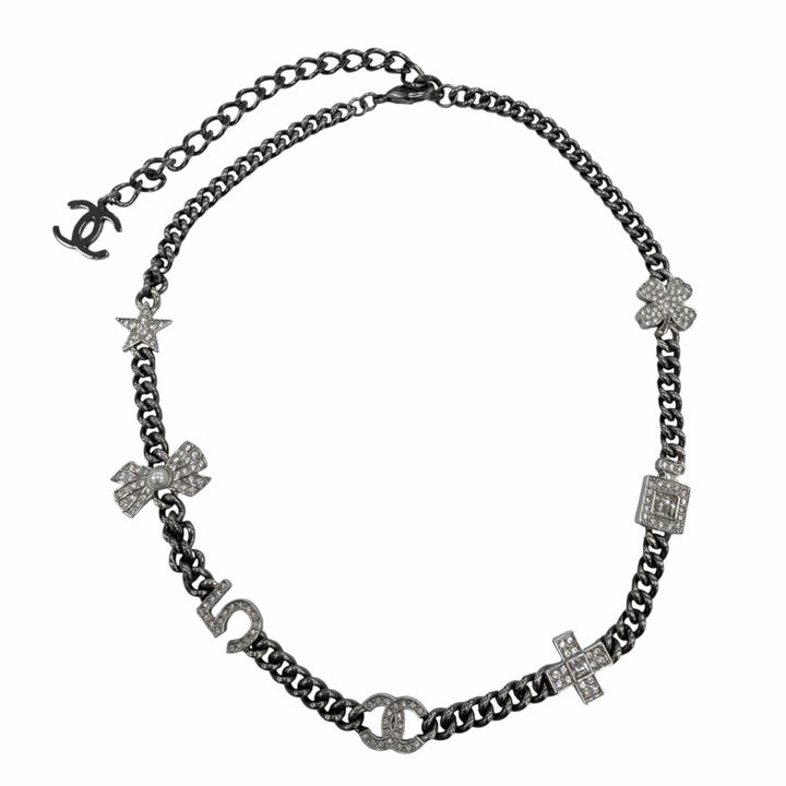 Great CHANEL Necklace COCO Mark 7 Icon Motif Rhinestone Cancer metallic A22P