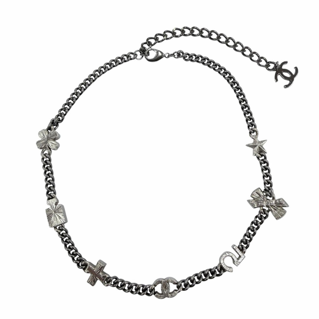 Great CHANEL Necklace COCO Mark 7 Icon Motif Rhinestone Cancer metallic A22P