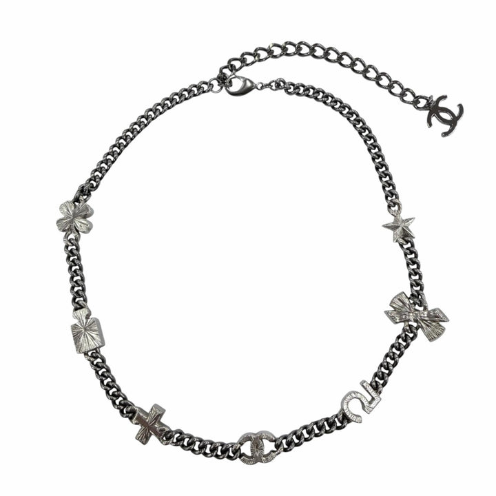 Great CHANEL Necklace COCO Mark 7 Icon Motif Rhinestone Cancer metallic A22P