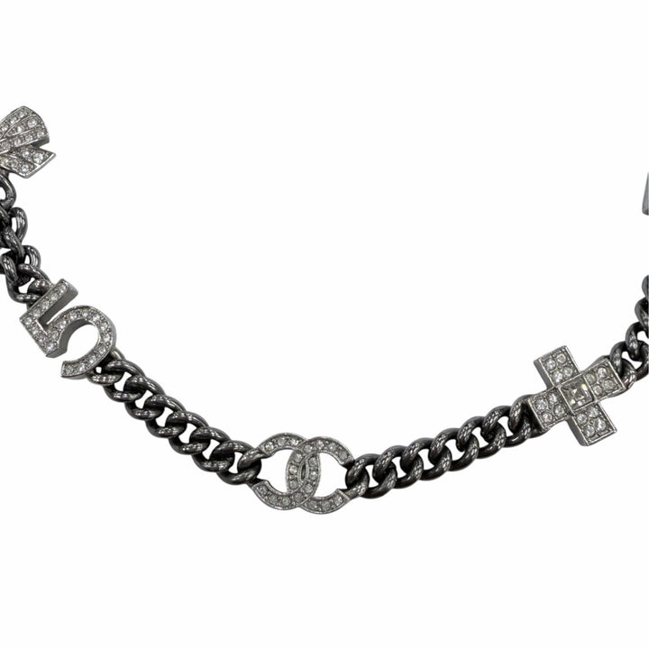 Great CHANEL Necklace COCO Mark 7 Icon Motif Rhinestone Cancer metallic A22P
