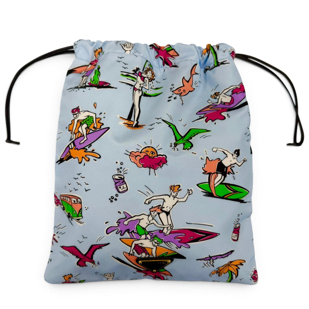 Excellent PRADA Triangle Logo Surfing All-Over Print Drawstring RE-NYLON Bag
