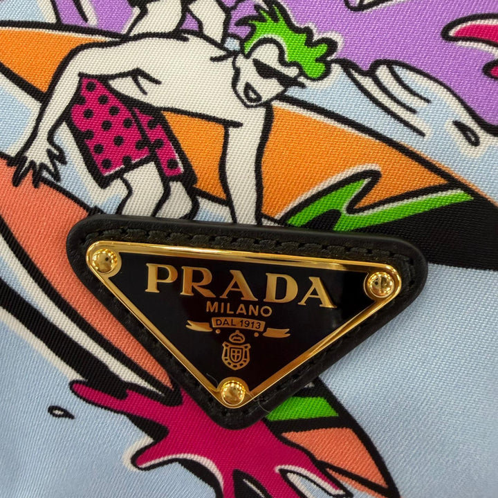 Excellent PRADA Triangle Logo Surfing All-Over Print Drawstring RE-NYLON Bag